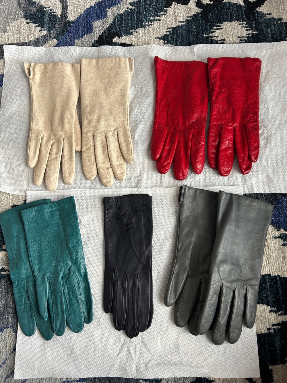 GENUINE Leather Gloves (5 pairs) - Beige, Red, Gray, Teal and Black